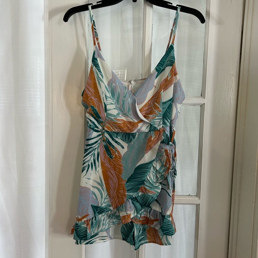 Tropical print, wrap front romper